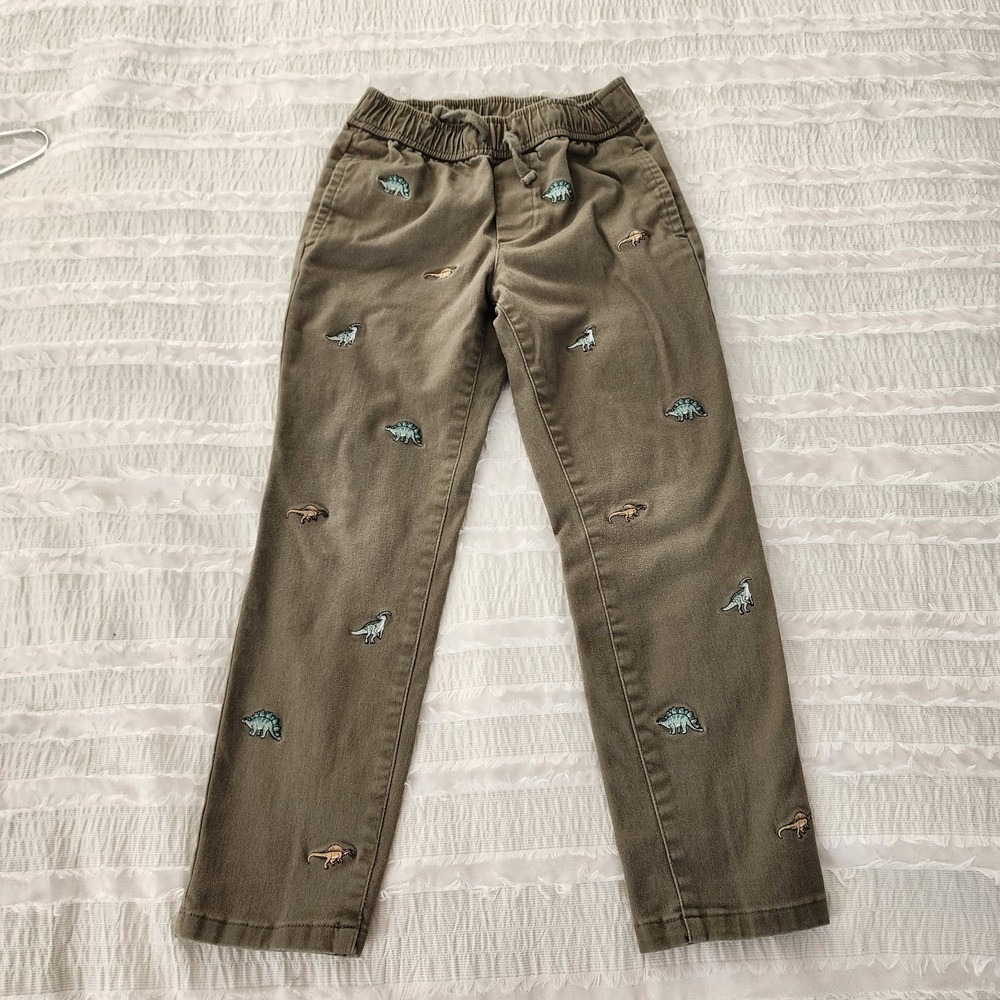 Janie and Jack Dinosaur Pants Kids Size 6 Olive Green Embroidered Playful Chic